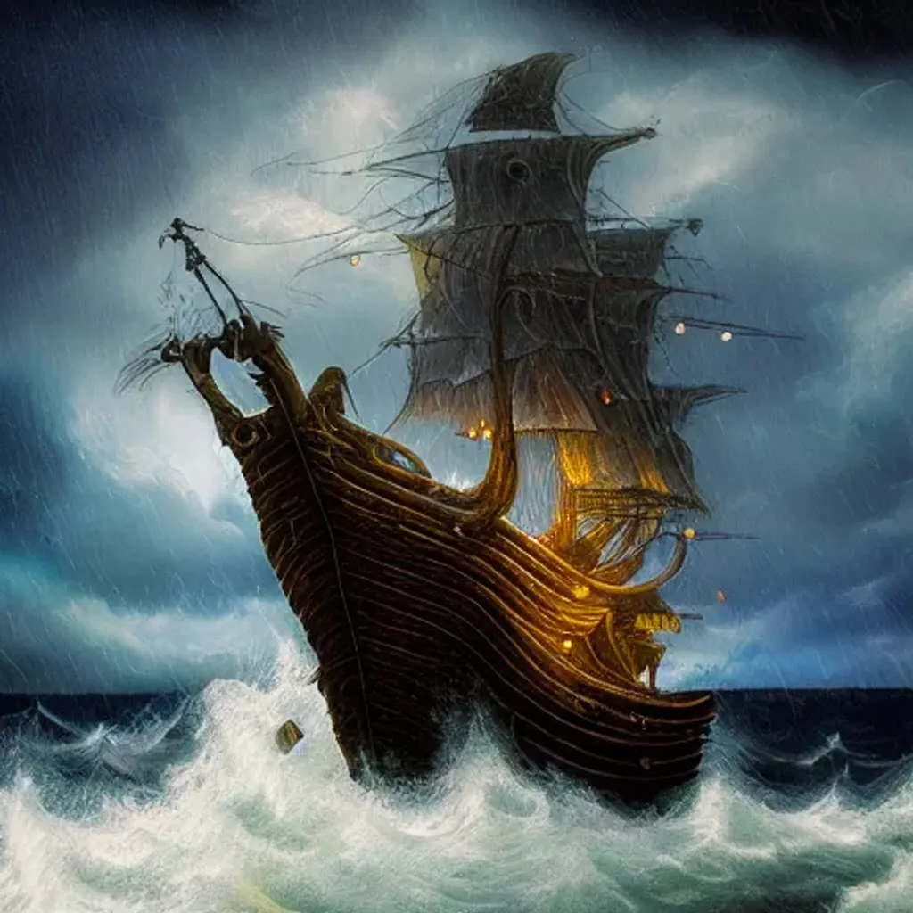 Prompt: pirate ship caught in a storm at night