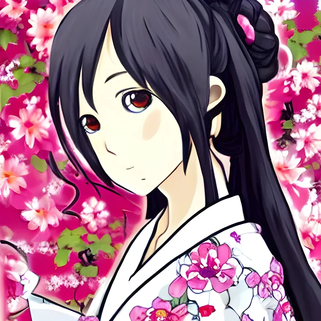 Prompt: studio full-body portrait of absurdly beautiful kawaii professional manga idol as a gardener, wavy medium-long ponytail, dressed in kimono, detailed face, masterpiece by mushimaro, anmi, Masashi Kishimoto, intricate linework, sharp focus, trending on pixiv, danbooru, detailed, natural lighting, octopath traveller, genshin impact, honkai, cygames, shadowverse