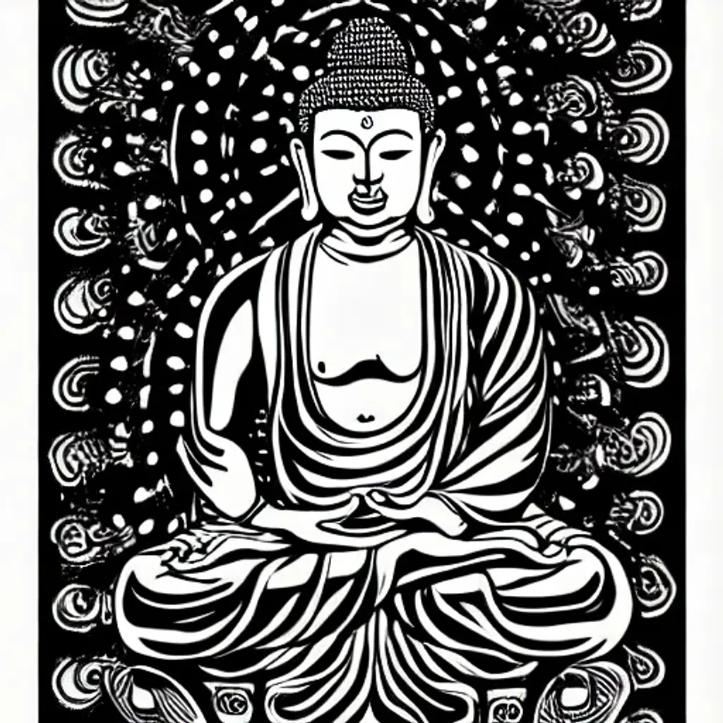 Prompt: Buddha, Illustration, Ink, Site-Specific art, Tones of Black, Monochrome, Black and White, High Contrast, 2-Dimensional, 2D, Line, Spirangle, Happy, Opaque, Tornado, Cartoony, Black and white stripes