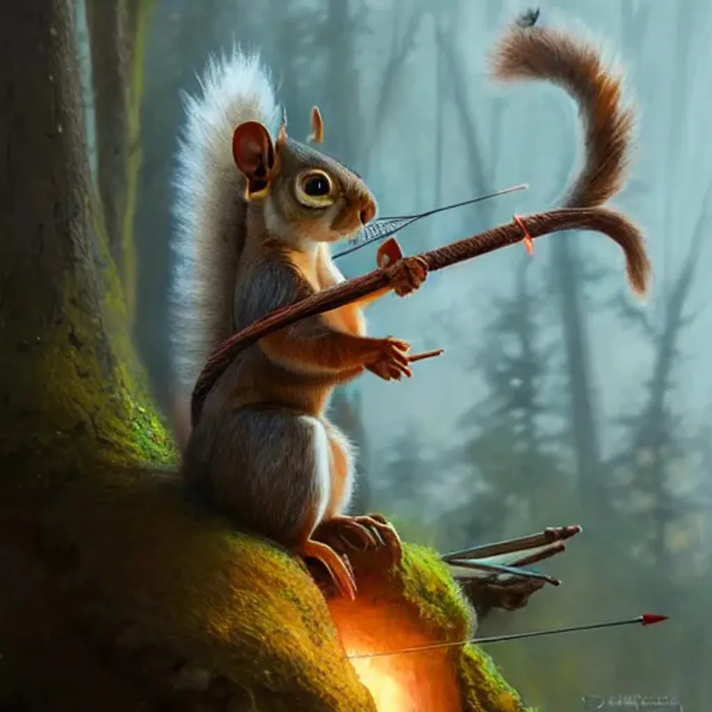 Prompt: a squirrel archer, Justin Gerard and Greg Rutkowski, realistic painting, Digital art, very detailed, High definition, trending on Artstation