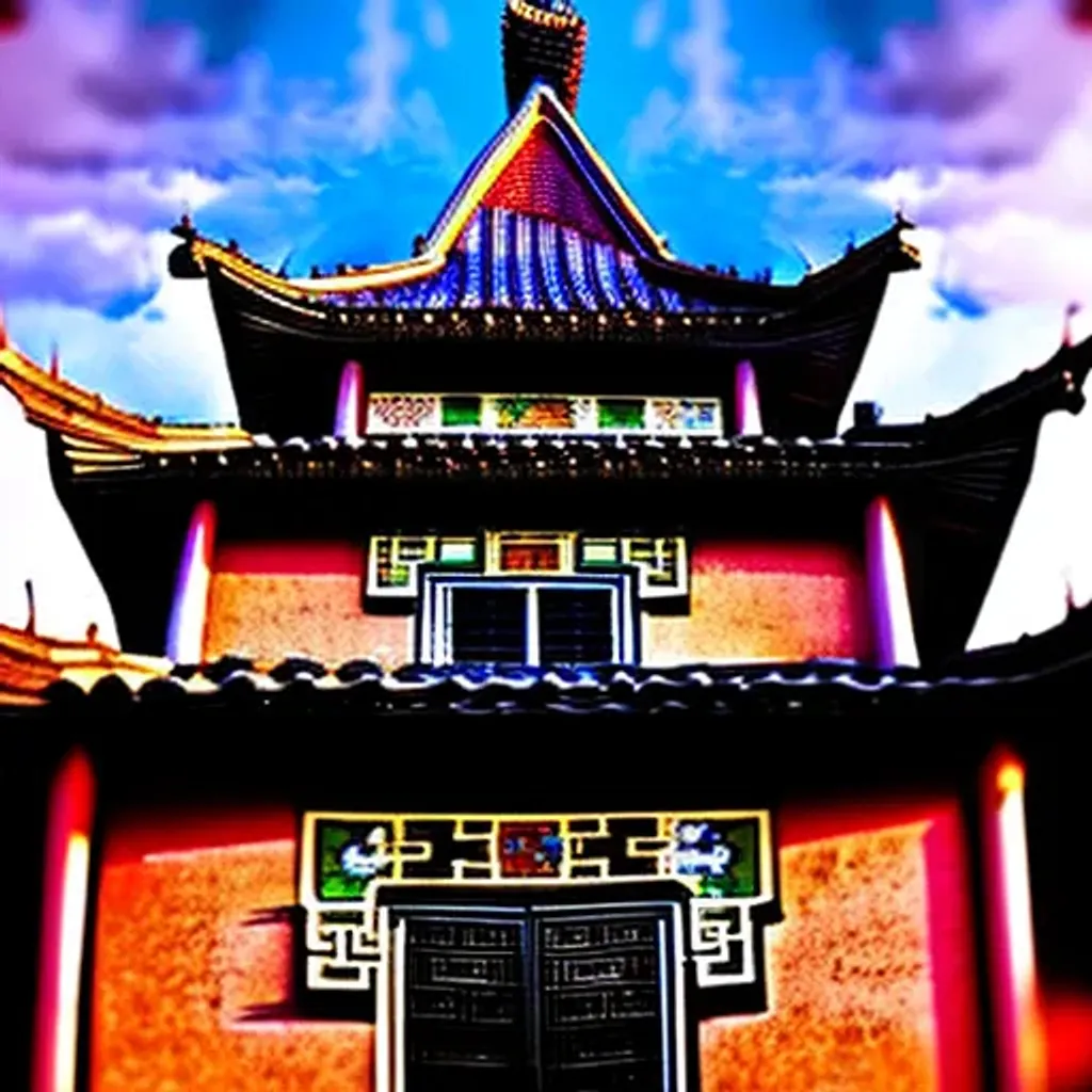 Prompt: A blend of Gothic architecture and Chinese architecture, tiled roofs, steeple, photograph, broad light, cinematic lighting, rich lighting, vivid colors, highly detailed