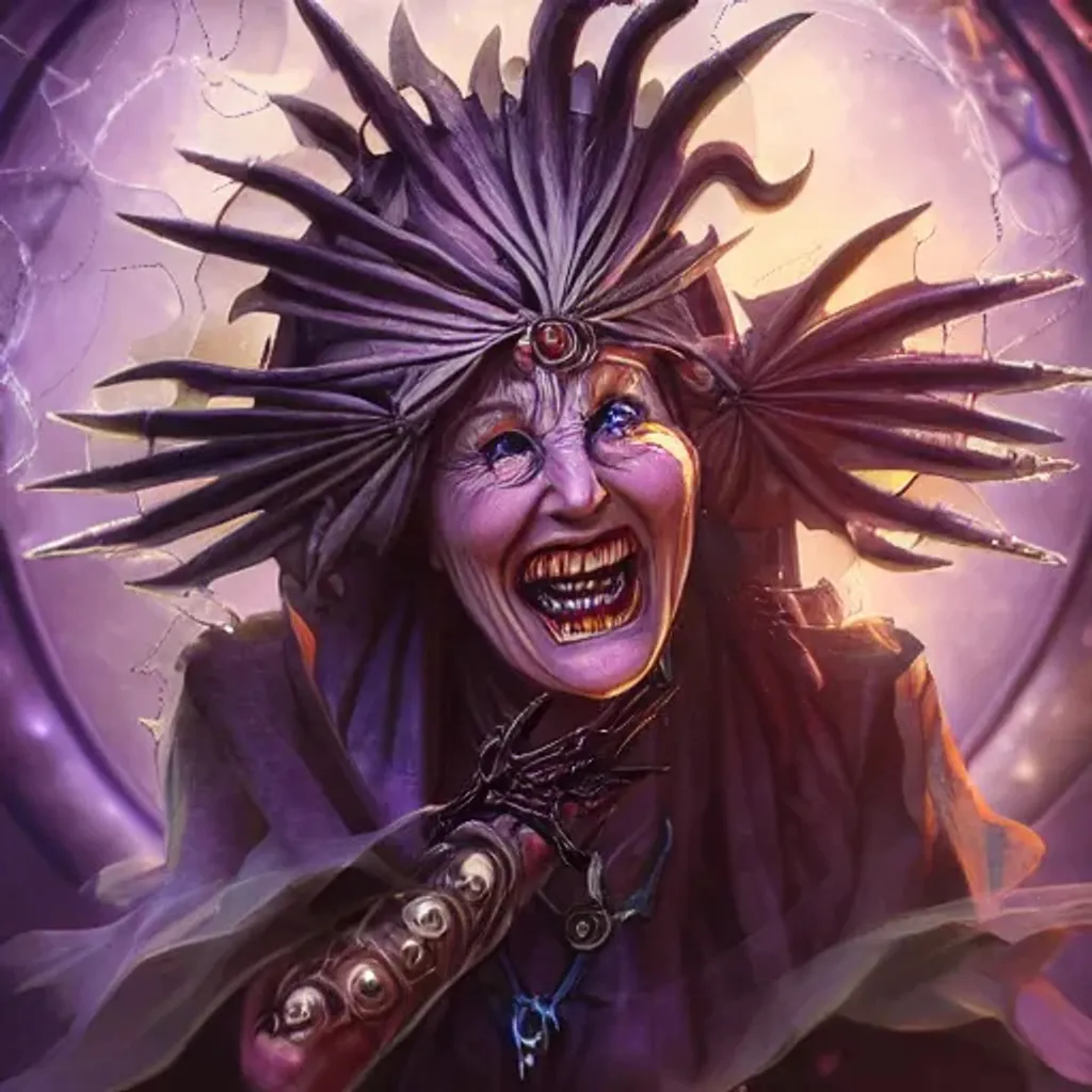 Prompt: fantasy artwork of a phyrexian witch laughing and casting an evil spell, old woman made of puzzle pieces, gears for eyes, transforming into ancient crone machine, arched unnatural back, hd 4k, selina fenech