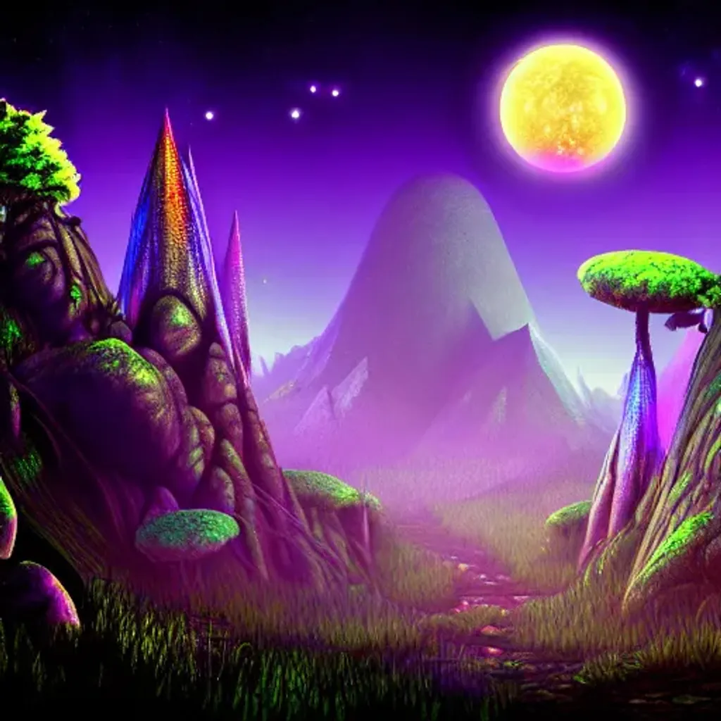 Prompt: Iridescent alien forest, mountain in the background, three moons, hyper detailed, digital art, video game