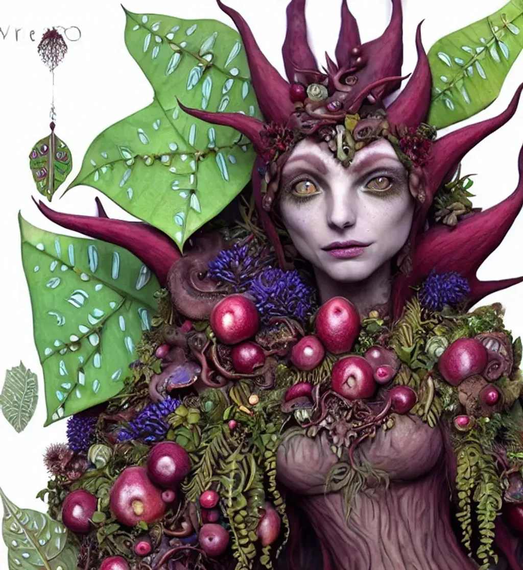 Prompt: wreathed (fox) shapeshifter humanoid carnivorous-plant goddess, beautiful pointy face, leaf veins skin details, lychen indigo cream berry apple burgundy silver photorealistic eyes, organic jewellery, by J.R. Slattum, David Meltzer, vines, tropical flowers, mushrooms mycelial growth, sundew, rafflesia, (background theme alien planet with a crystal moon by Don Marquez), detailed digital illustration, no DoF, intricate, elegant, ornate, hyper realistic, Daz3D 128K UHD Octane, pi, fractal fBm