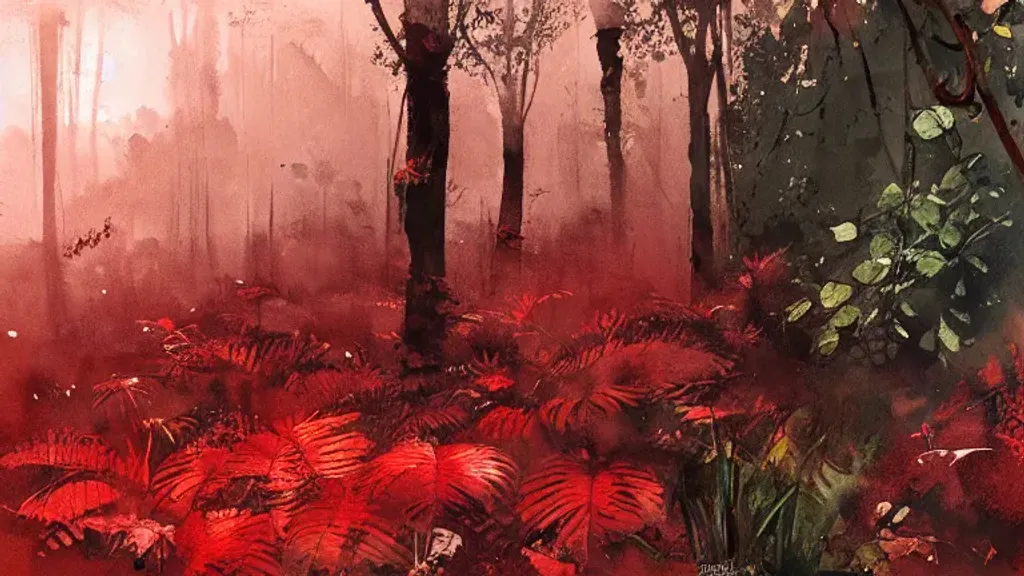 Prompt: jungle plants, red hues, speed watercolor, by JAKUB ROZALSKI