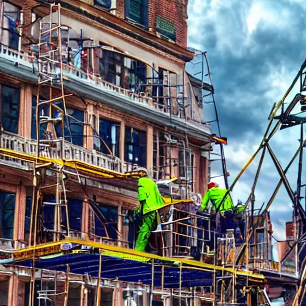 Prompt: Group of Men Scaffolders setting up a scaffolding structure against a backdrop of a tall colonial building facade with 90's neon-lighted design and sculpture with the view of spectral clouds in the sky, HDR, Sharp Focus, Slow Shutter Speed, Natural Light. 