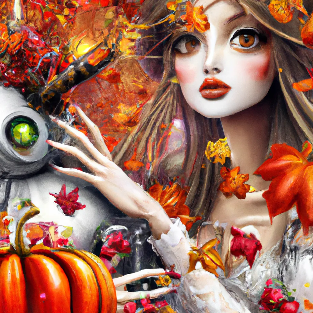 Prompt: Detailed hyper realistic sharp digital airbrush by Anna Dittmann, preston blair, Tom Bagshaw, eyvind earle, tim Burton, Gil Elvgren. Autumn landscape with A Scary Haunted Horror spooky ghost woman. Desire love ghosts friendship blessings femininity strength healing ecology stars pumpkins lillies magic supernova steampunk computer screens robot