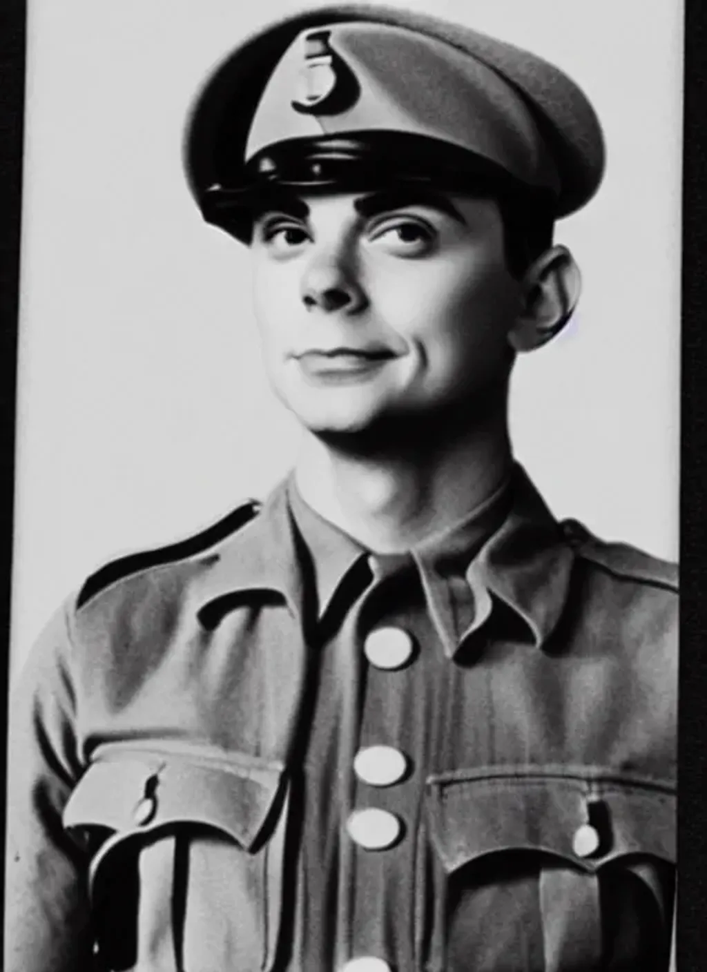 Prompt: Photograph of Sheldon Cooper as a soldier in World War II, black and white