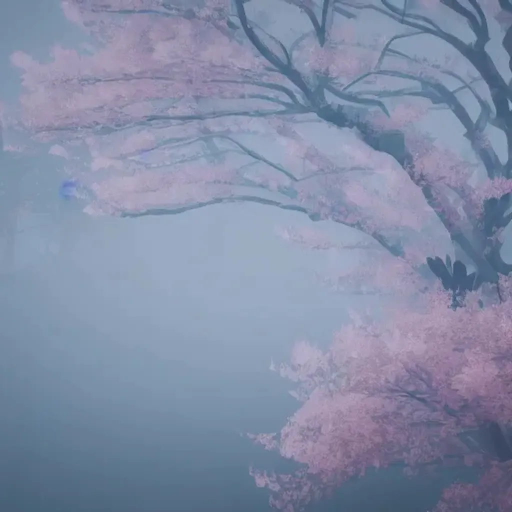 Prompt: low poly cherry blossom tree in the fog, in the morning, soft colors