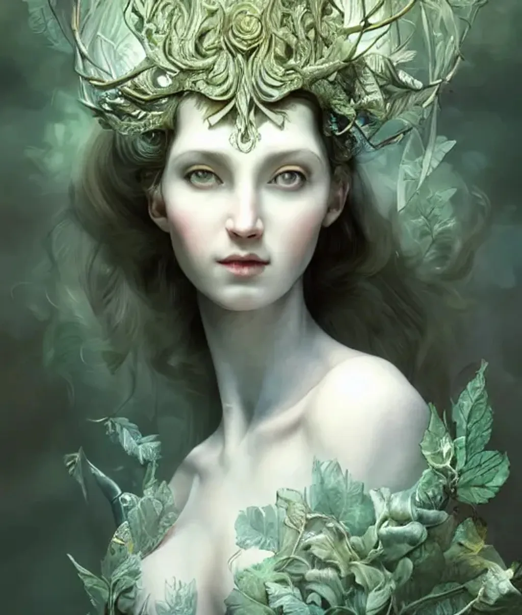 Prompt: pale olive haired woman, wearing baroque dress , fantasy, hyper-detailed, accurate anatomy, symmetrical facial features, sharp focus, volumetric lighting,  karol bak, yoshitaka amano, tom bagshaw, zbrush cel-shaded, cgsociety , ethereal beautiful astral  storybook illustration, elf , wine leaves, dark, twinkling 