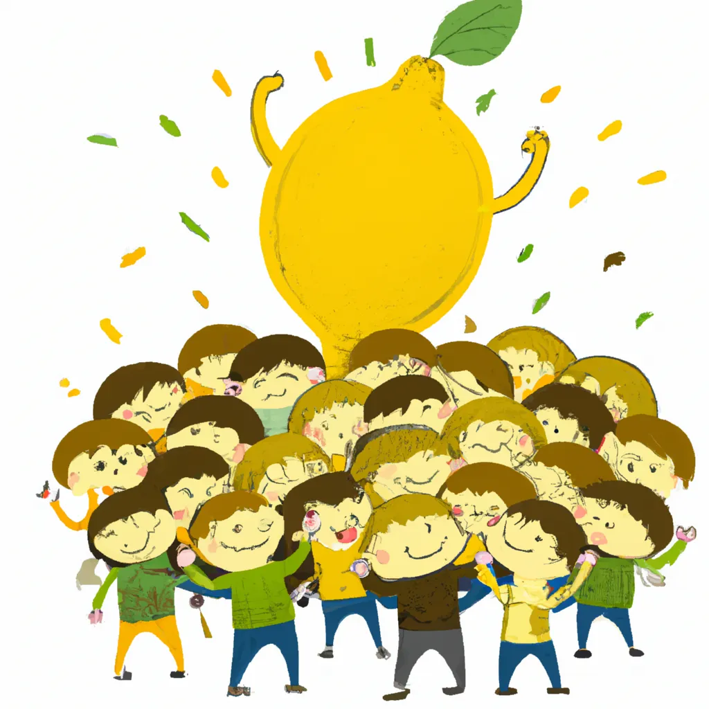 Prompt: Happy Giant Lemon surround by huge crowd of cheering lemon admirers
