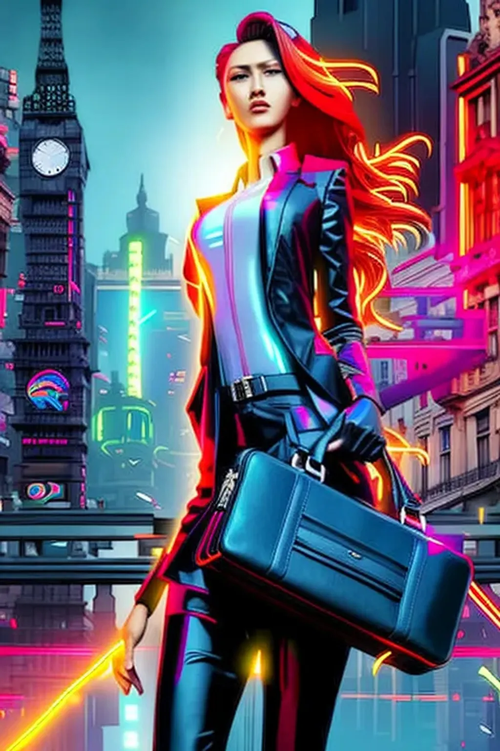 Prompt: Hero woman walking in the city and holding an attaché case, realistic and detailed, cyberpunk, futuristic, neon color letters blasting the background, sharp focus, illustration, art by tian zi and Craig Mullins and WLOP and Alphonse Mucha
