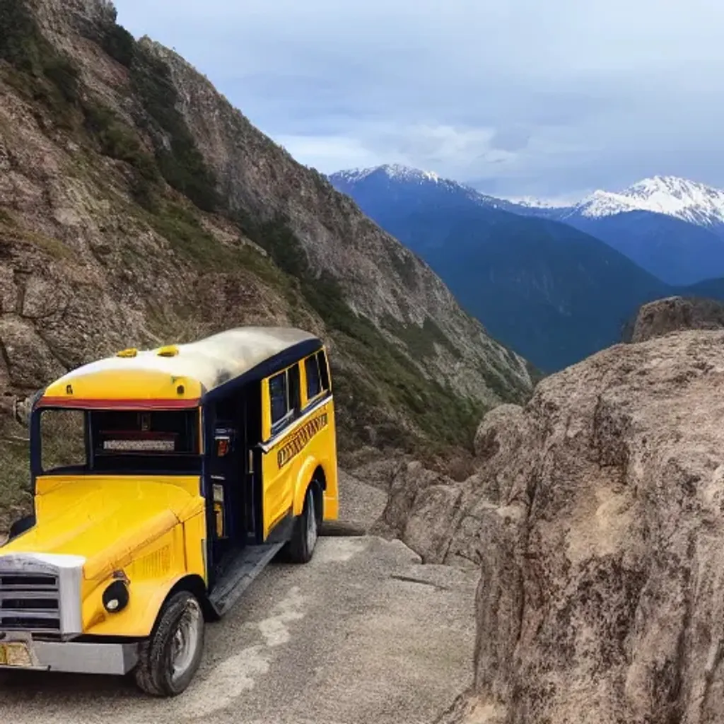 Prompt: Life Sized School Bus ontop of Jagged Cliff. Suspense. Bright Day. Mountains in Background.