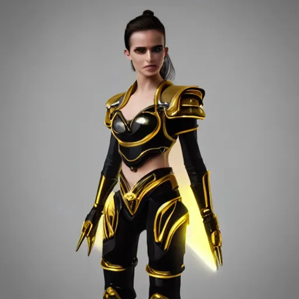 Prompt: Female Avatar wearing futuristic black and gold armor with gold trim, Steampunk Tech, Yellow and Blue Hypereactor lighting, cinematic lighting, fashion fashion, hyperrealism, octane render, trending on artstation, Beam nightmare, Emma Watson 