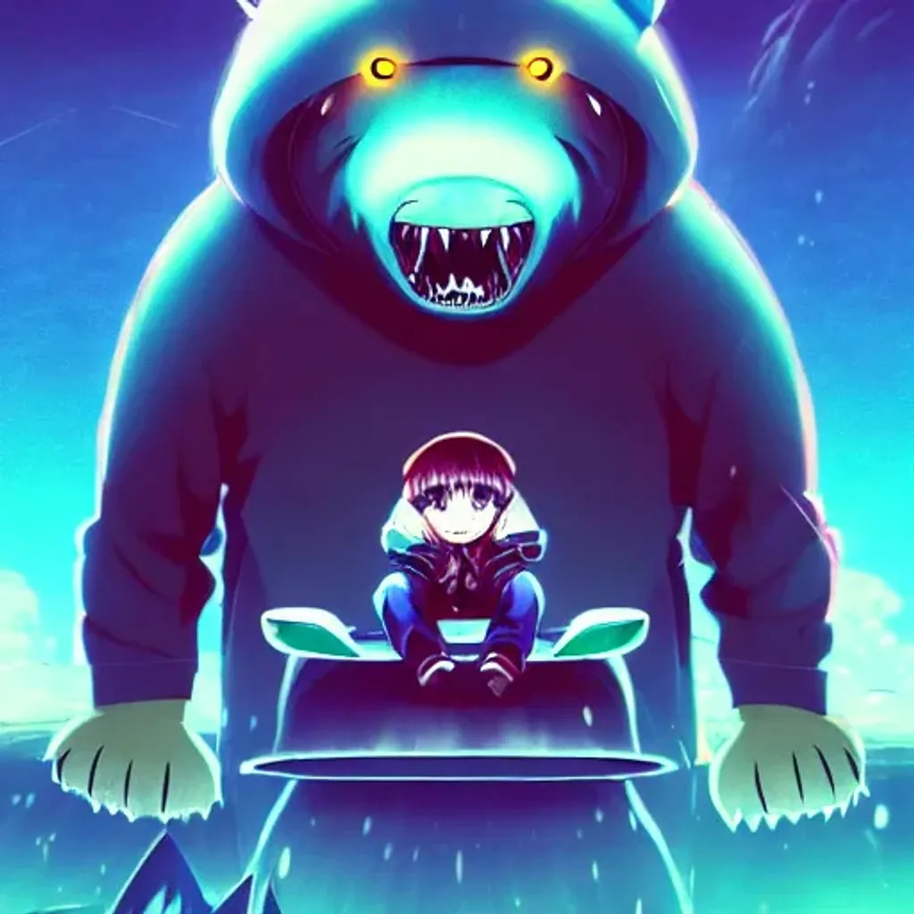 Prompt: Cool Anime character, a cute bear with green eyes wearing a hoodie and riding a megalodon shark, Synthwave, wrapped around with fire, a character portrait by Andrei Kolkoutine, Artstation, sots art, 2d game art, quantum wavetracing, dark and mysterious By Laurie Lipton, Zdzislaw Beksinski