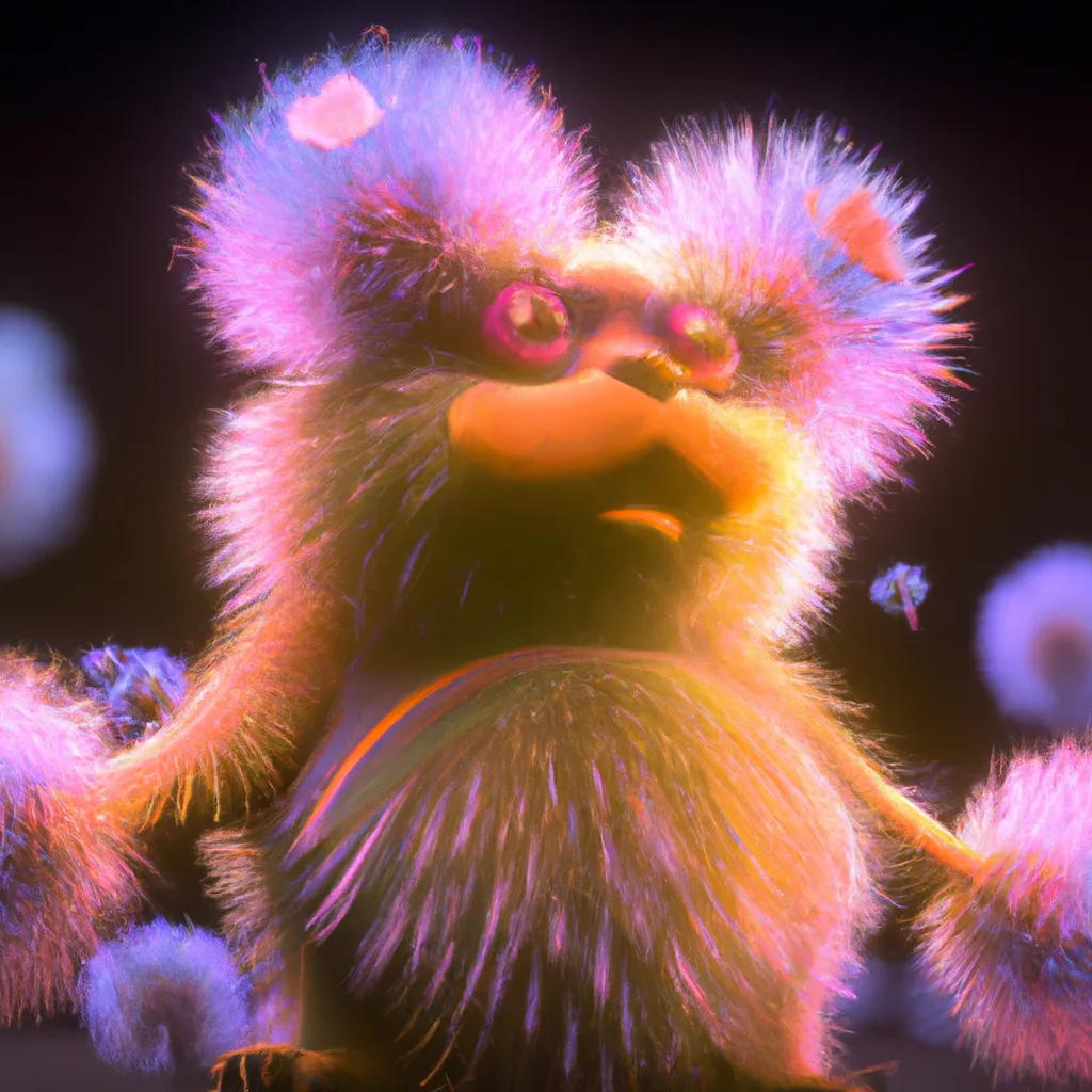 Prompt: Curvaceous Light bending cute furry monster  covered in halogenic Nuclear flowers in the style of Bruce Pennington, Dali, Munch, Escher, Klarwein | dark background | ultra sharp focus | 3d octane render artstation trending 8k unreal engine | Avatar movie| Disney Pixar Dreamworks 