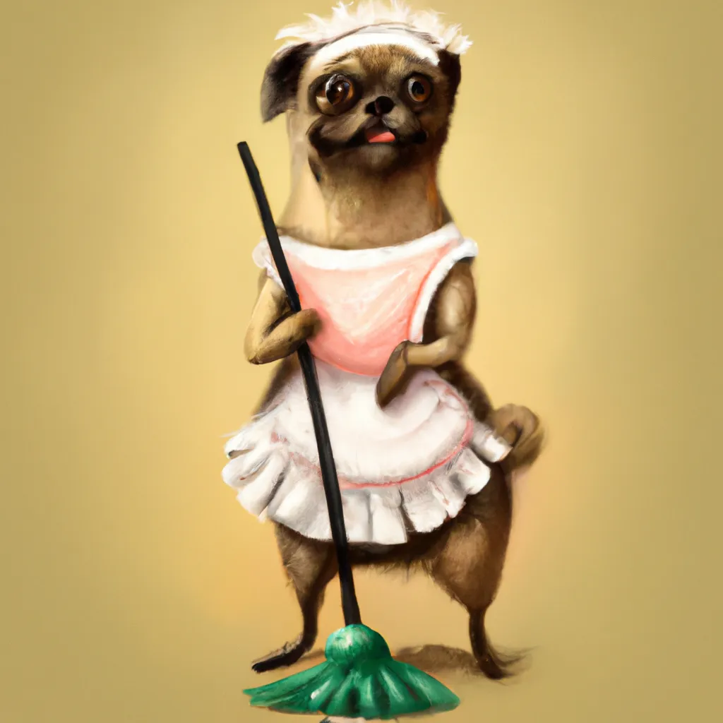 Prompt: A beautiful painting of a pug dressed as a cleaning maid. Digital art. ArtStation. Beautiful