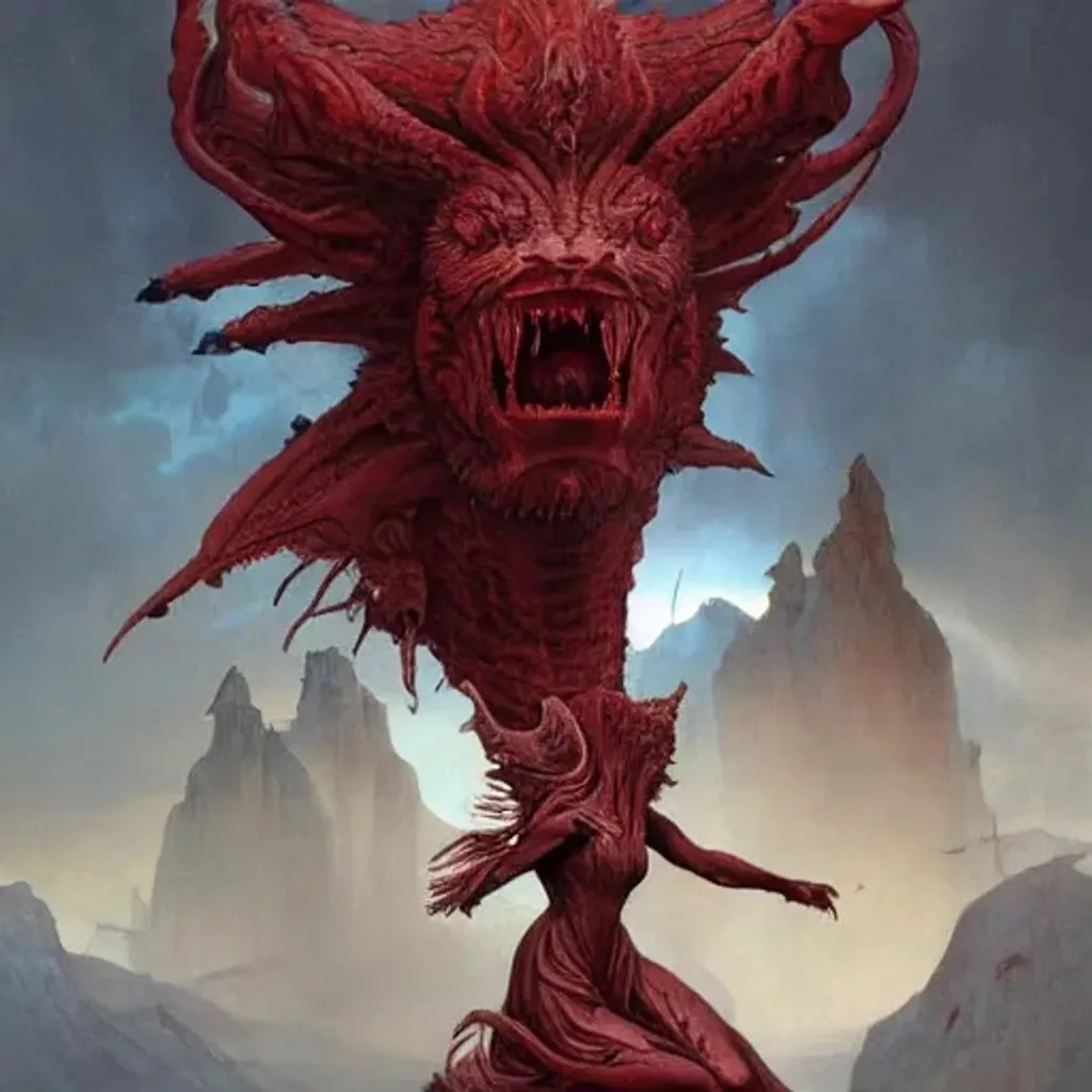 Prompt: a masterpiece! photographic portrait of a scarlet - colored!! beast!! with seven heads!! and ten horns!! by wayne barlowe and peter mohrbacher and allen williams, trending on artstation, cgsociety, 8 k hd, earthtone colors, a cloaked woman riding the back of the beast