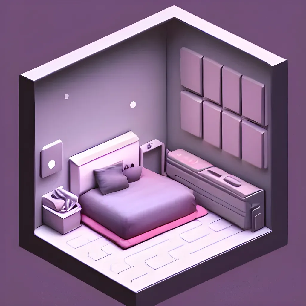 Prompt: Tiny cute isometric {bedroom} in a cutaway box, {cyberpunk style}, soft smooth lighting, soft colors, 100mm lens, 3d blender render