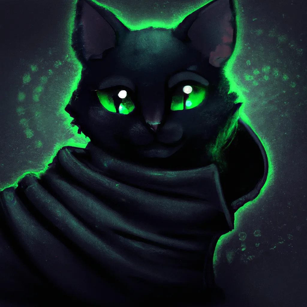 Prompt: chibi cute black cat with green eyes, wearing a dark cloak, digital art, synthwave