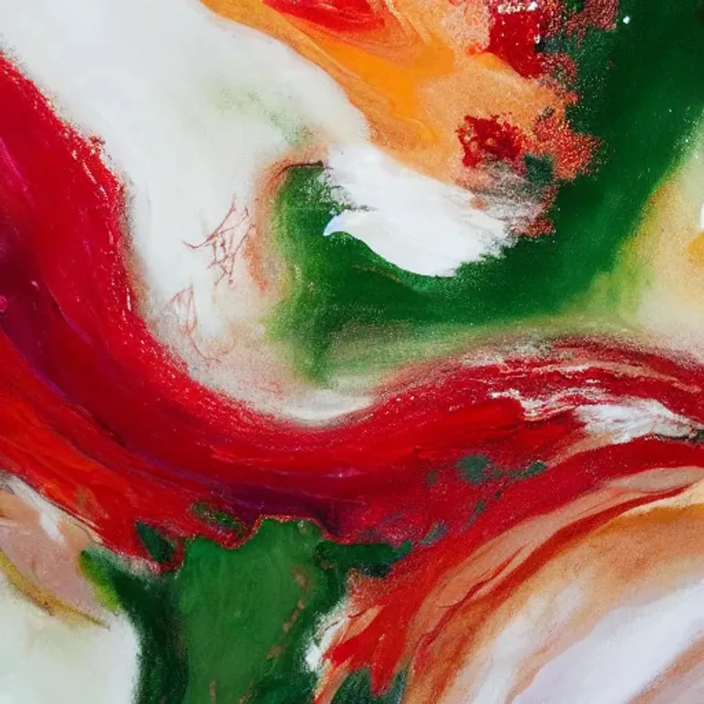 Prompt: a blurry close up of a painting with red paint and white paint and green paint and gold paint, an abstract painting, by Johanna Marie Fosie, trending on unsplash, digital art, in the style of ross tran, organic swirling igneous rock, charli bowater and artgeem, trending on artstation