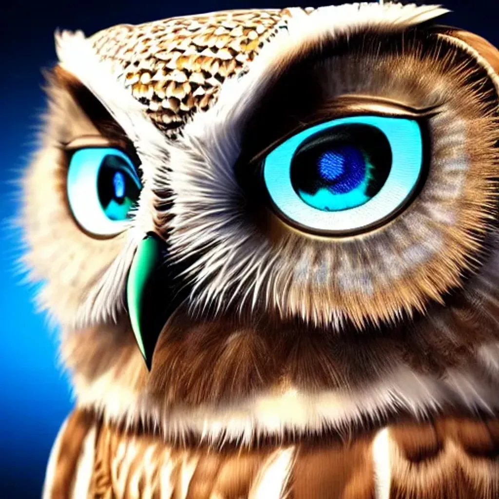 Prompt: wise owl with glowing disney eyes, realistic high detailed scales octane render, portrait, face symmetry, centered, anime style, disney character style blue enlightened background
