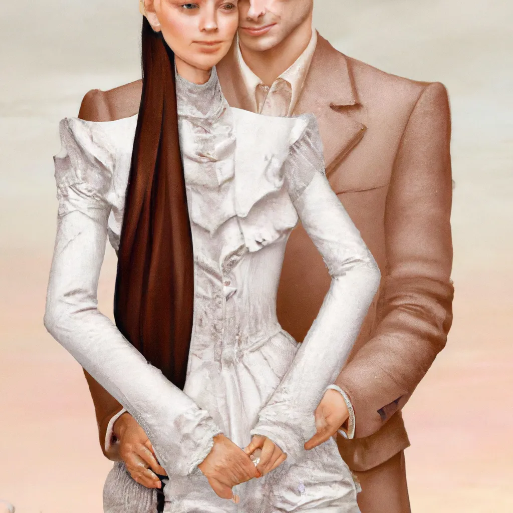 Prompt: Highly detailed closeup shot of ✨🫂🧜‍♀️🧜‍♂️🧞 trending on artstation high fashion bespoke Haute couture realistic hyper intricate detailedc surrealist art by Wes Anderson and Sho Murase. Female & male couple with brown hair and dark colored eyes light skin americans + rococo + Basquiat + pop art + speed painting + HDR + vaporwave + painterly illustration + by Gerald Brom, James Jean, Craig Mullins, Alphonse Mucha, Mike Mignola, Akihiko Yoshida + intense atmosphere, intricate, ornate details, detailed Illustration, 5d + 3d + realism