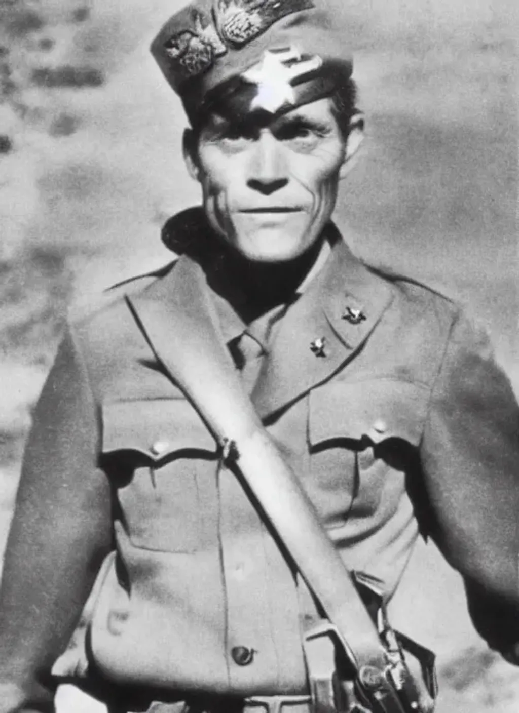 Prompt: Photograph of Willem Dafoe as a soldier in World War II, black and white