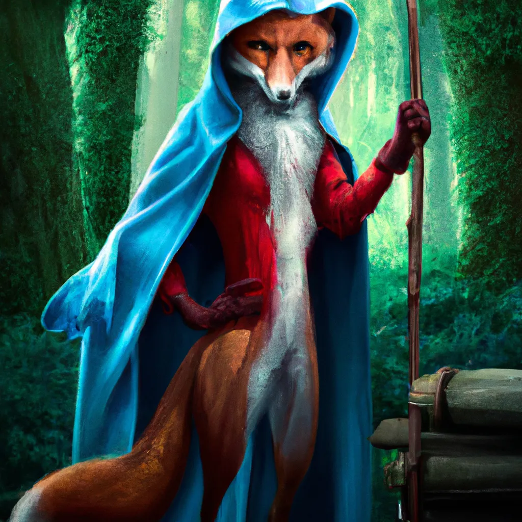 Prompt: Hyperrealistic fox wearing a green mantel and a red dress, long blue mantel with a wooden luminous  stick in his hand, he has a determinate face, magic forest in the background, intricate, fantasy, elegant, highly detailed, digital painting, artstation, concept art, smooth, sharp focus, illustration