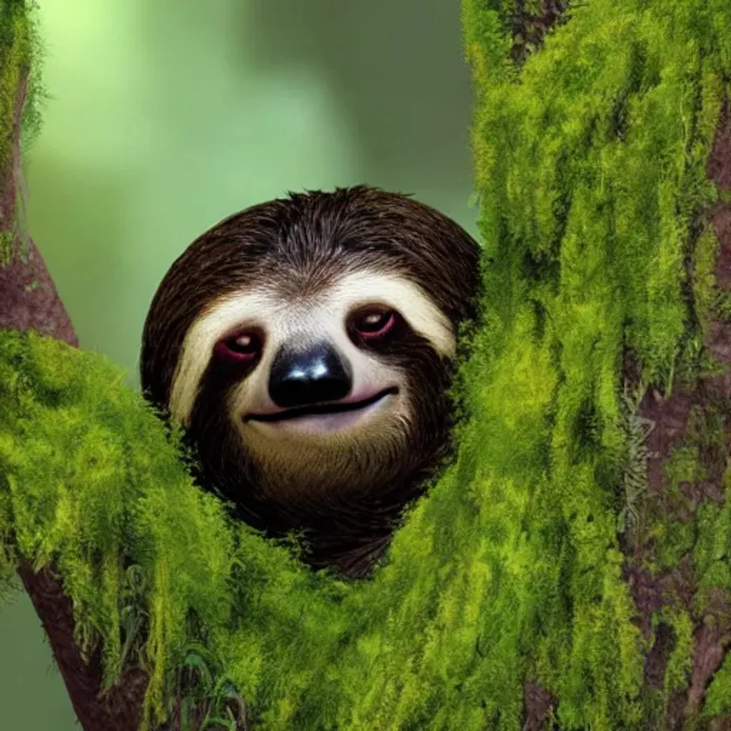 Prompt: Portrait of a sloth coated in green moss with moths buzzing around, ultra high definition, unreal engine, very detailed
