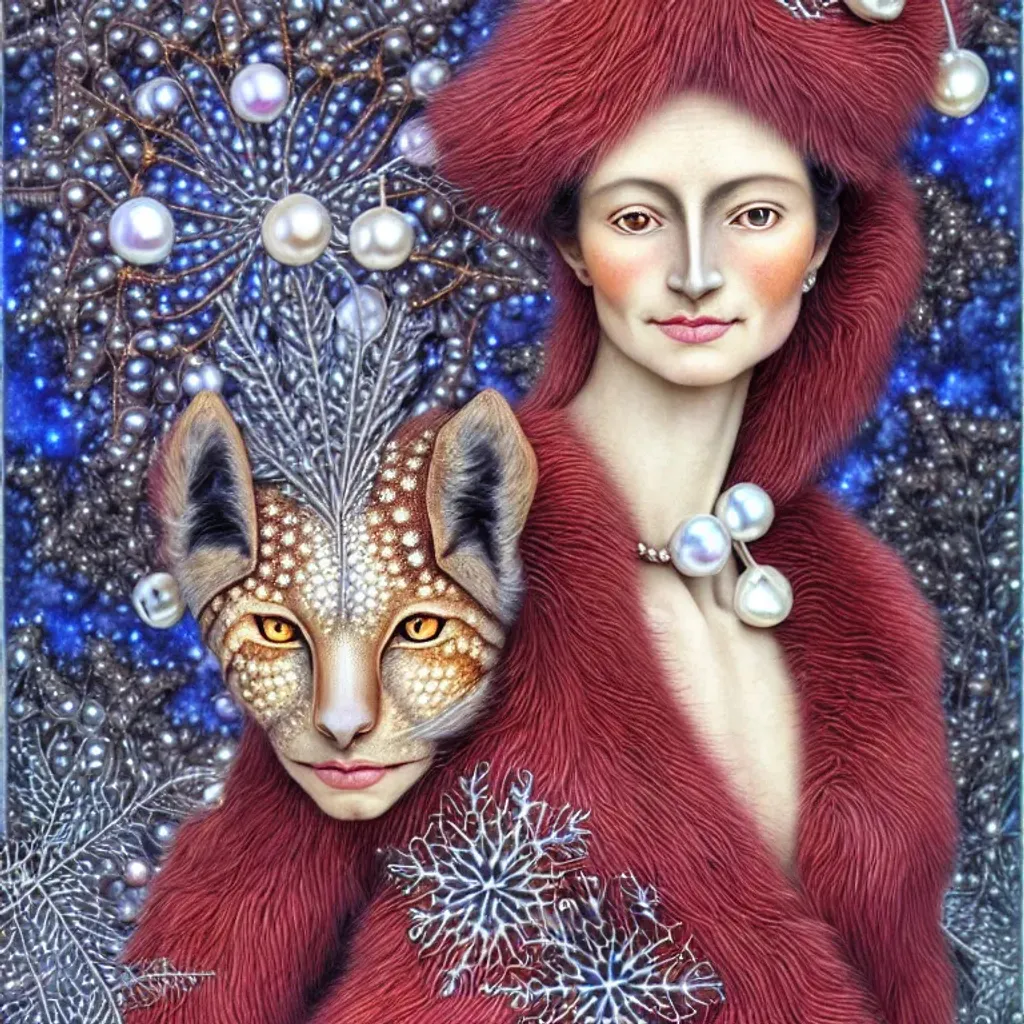 Prompt: humanoid lady fursona, (Felinoid), by Amanda Sage, marie spartali stillman, attractive, elegant, confident, optimistic, smiling, indigo pine red fulvous silver photorealistic beautiful eyes, heavenly look, pearls and Ruby jewelry, highly detailed long silken fur, Winter, background theme fireworks, fractal snowflakes by Ernst Haeckel, Android Jones, ryan hewett, furaffinity,  ((frontal centered composition)) portrait, ultra realistic, global illumination, occlusion, volumetric lighting, volumetric mist, sharp focus, narrow DoF, 128K UHD Poser, octane, pi, fractal, fBm 