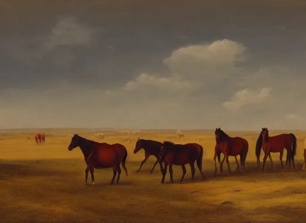 Prompt: Landscape painting of arid plains with herds of grazing horses far in the distance, D&D, Fantasy, Highly detailed, 4K, 8K