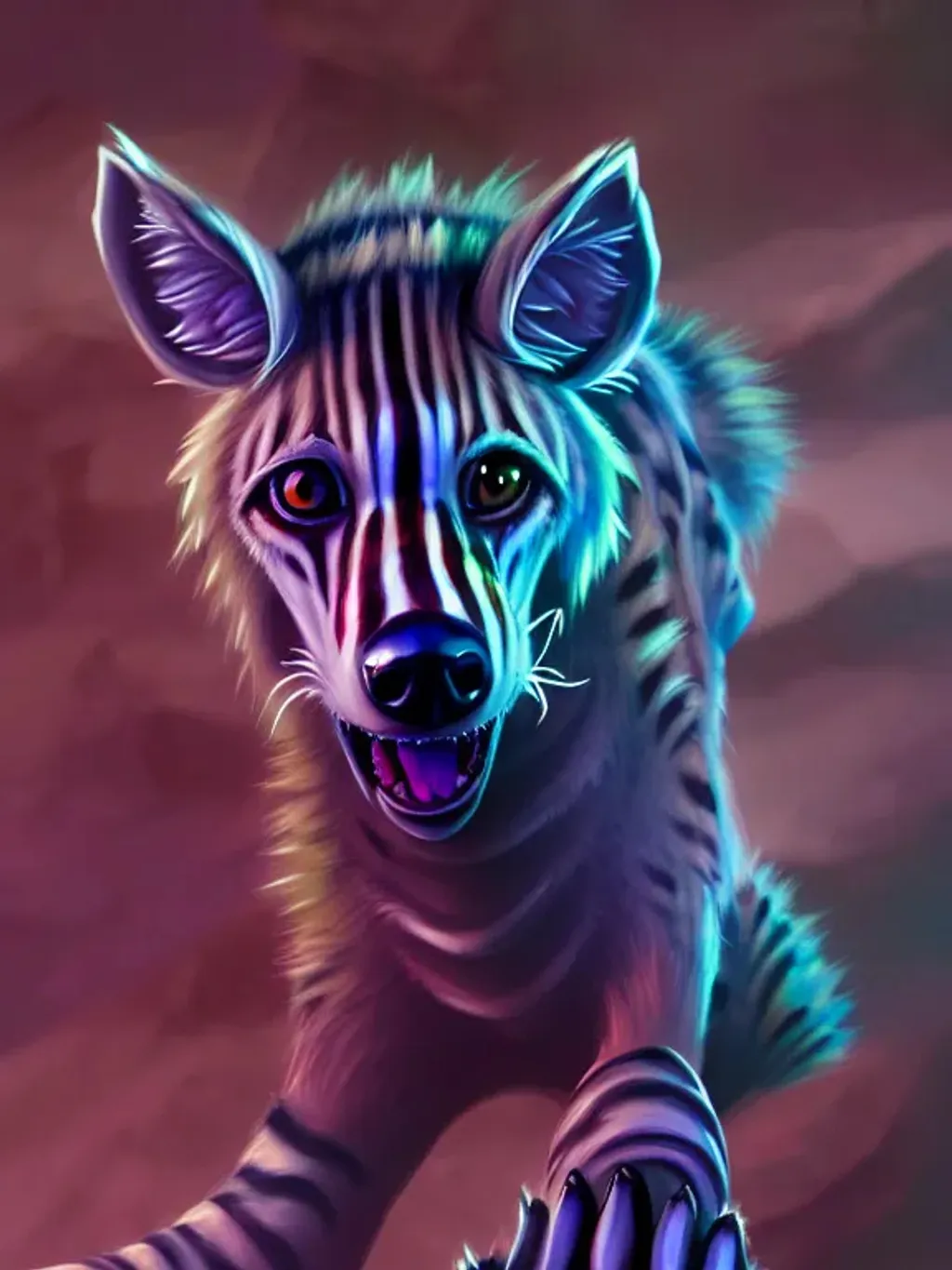 Prompt: detailed fantasy concept art of a striped hyena with less neck, traditional fantasy realism, anthro, fantasy,standing, highly detailed eyes, whiskers, furry ears, gnoll, snout, Werewolf, striped dark fur,less neck, intimidating, centered, realistic fur, red glowing eyes, anthropomorphic