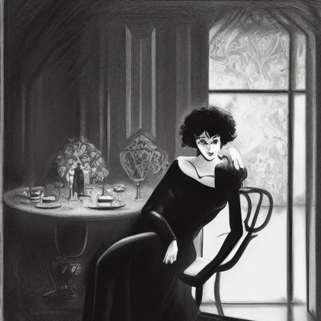 Prompt: full-shot black and white digital painting of young woman, sitting at fancy dining table, in the darkly lit corner, mysterious soft lighting, in velvet black sweetheart neckline dress, hollywood glamour, legs crossed, diamond earings, black shiny curly hair flowing down shoulder, green eyes glancing down at camera, by Naoki urasawa