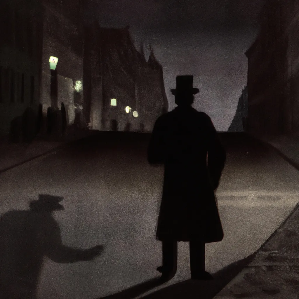 Prompt: 1800s painting of a shadow man standing in streets of Berlin at night