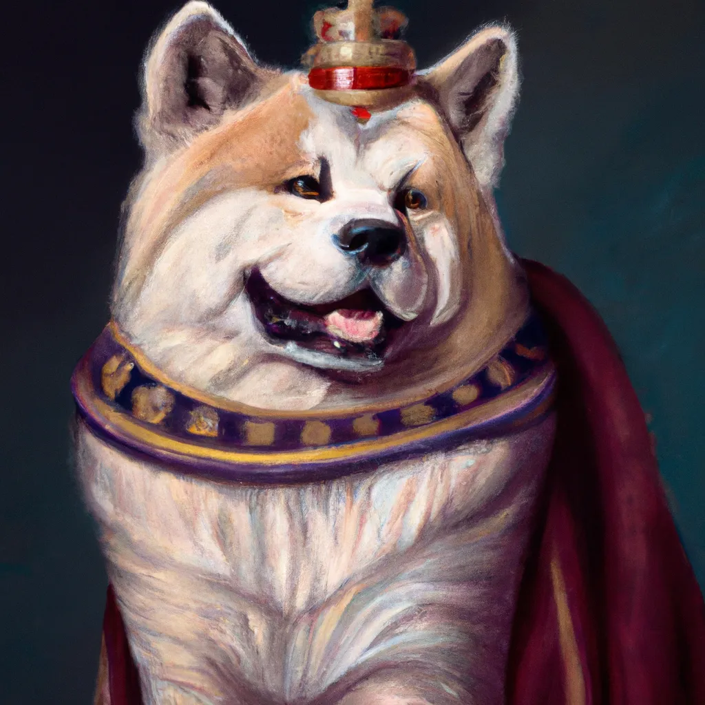 Prompt: An oil painting portrait of a akita wearing medieval royal robes and an ornate crown on a dark background