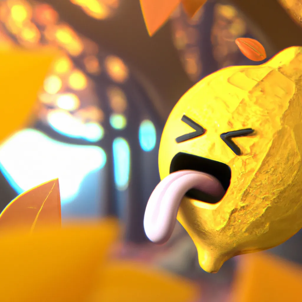 Prompt: a childish pro 3D render of a cute lemon tasting a very acid lemon slice, yellow trees in the background