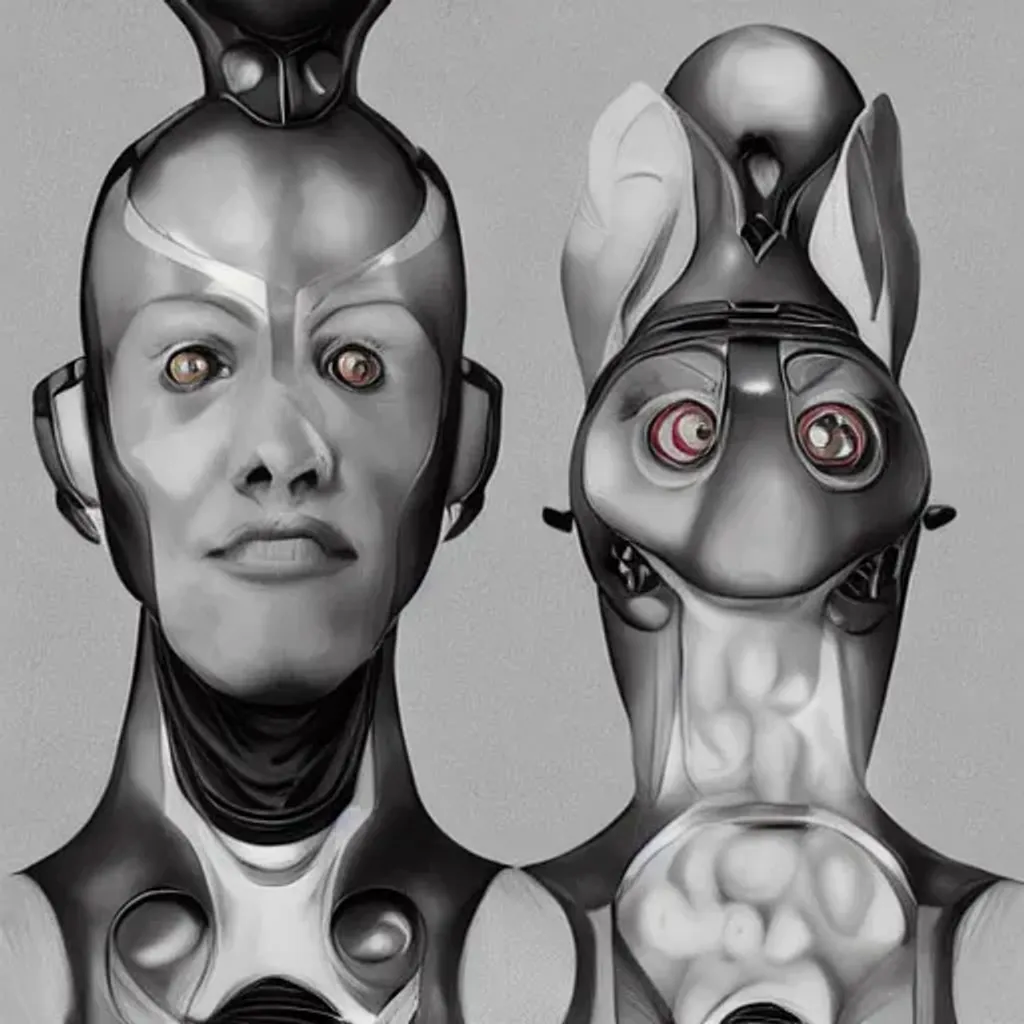 Prompt: A robot is serving Dali and Escher and Klarwein posing as cute bunnies. | by Artgerm artstation 