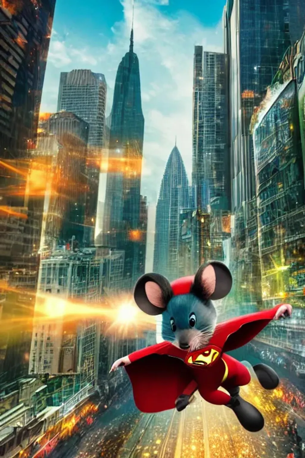 Prompt: cute superhero mouse flying past city buildings, front view, closeup, comic book style, highly detailed, cinematic, professional, vivid color, cartoon,