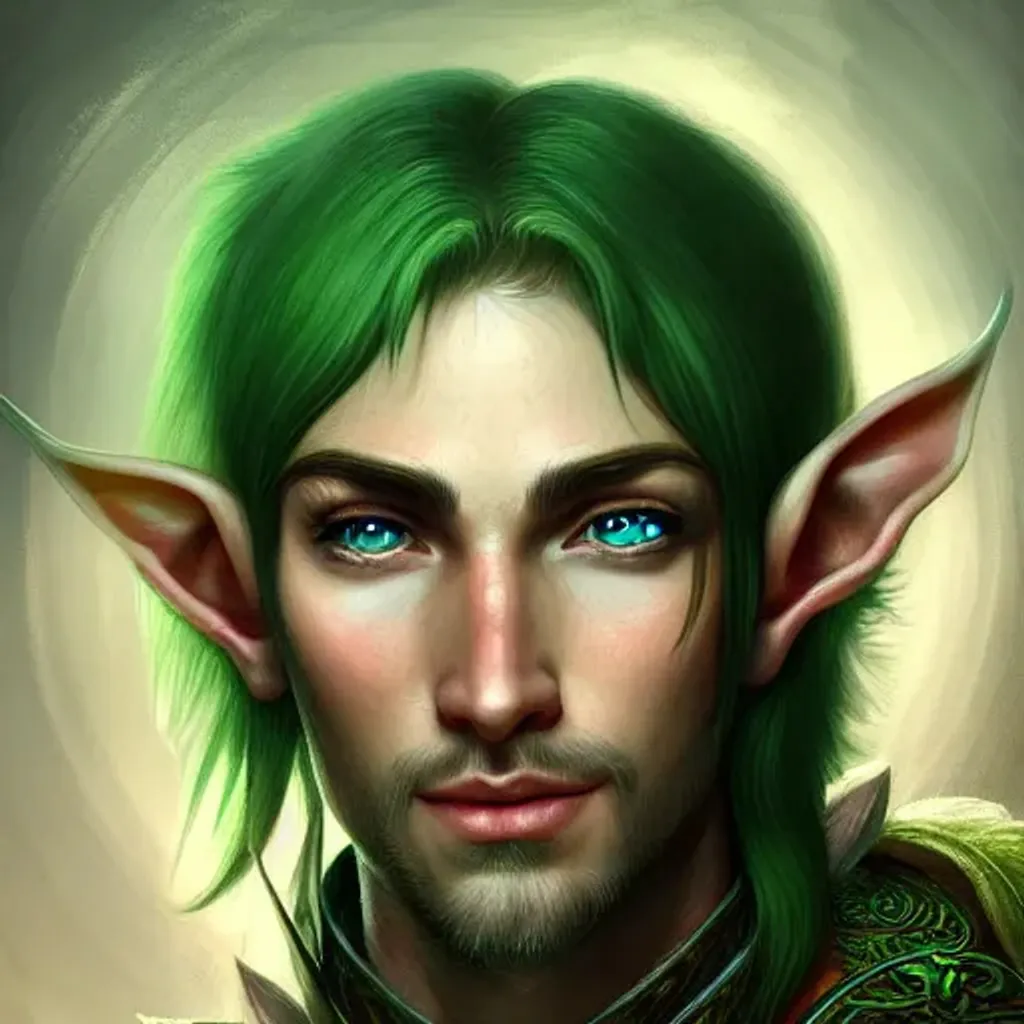 Prompt: a highly detailed portrait of a male elven hunter, green hair, smiling, handsome, intricate, unreal engine, medieval, highly detailed, digital painting, cinematic lighting, smooth, sharp focus, illustration, artgerm