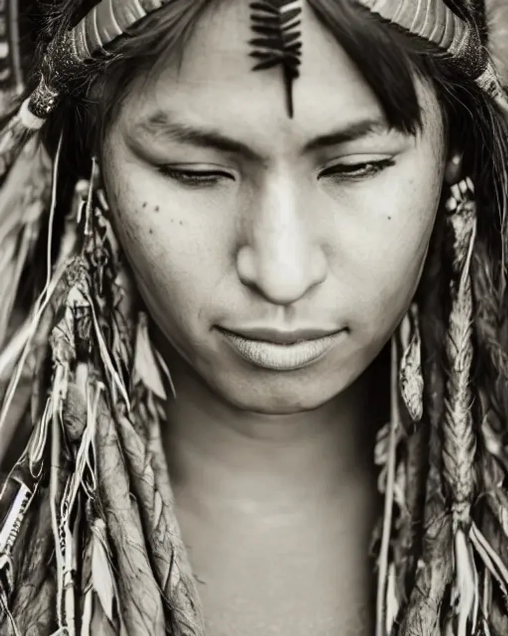 Prompt: ultrarealistic, (native american woman ) portrait, cinematic lighting, award winning photo, no color, 80mm lense –beta –upbeta –upbeta
