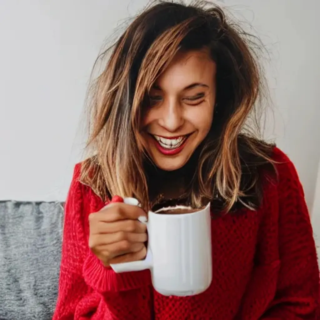 Prompt: woman drinking hot chocolate in a red sweater