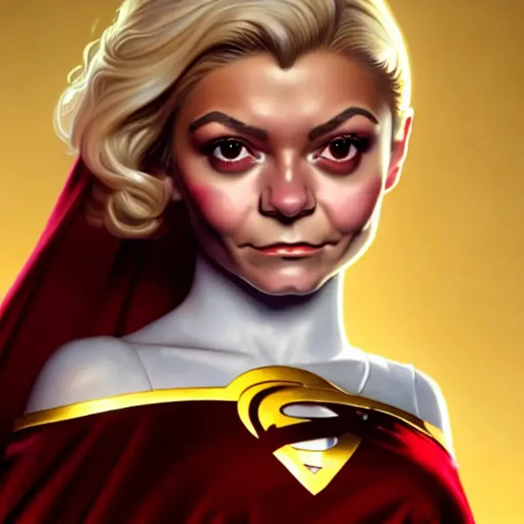 Prompt: highest quality portrait of Genevieve Hannelius dressed as a gold powergirl in a sheer white suit and red velvet cape, detailed face, fantasy, close up face, highly detailed, cinematic lighting, digital art painting by Olga Skomorokhova, ultra sharp, smooth sharp focus, artstation hq, behance hd, trending on artforum, on display