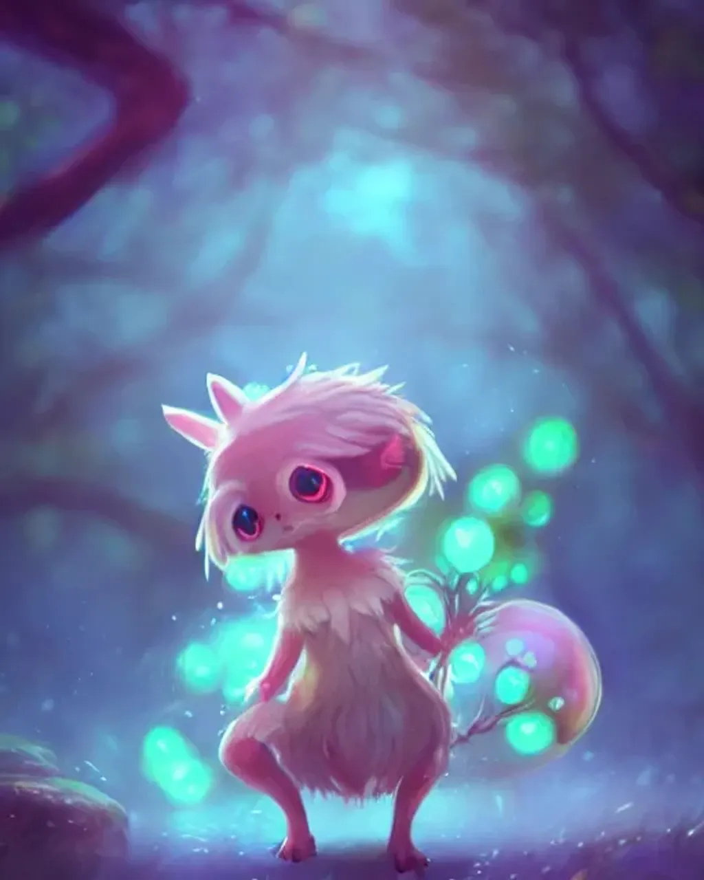 Prompt: concept character art for a cute fantasy creature made from mushrooms, large adorable anime eyes, centered, fantasy mushroom forest background, bokeh effect, magical lighting, golden hour, lens flare, pastel pink glow, beautiful glowing lights, bio-luminescence, epic fantasy, fine art, clean, polished, trending on artstation, brush strokes, smooth, sharp focus, professional concept character art by pixar, luke chueh, matt dangler