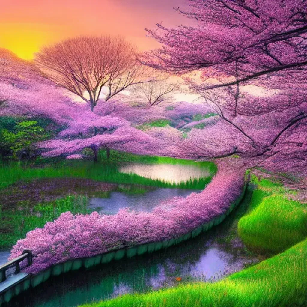 Prompt: beautiful spring landscape of japan with a majestic sunrise, art, high detail, high definition, photorealistic, hdr,