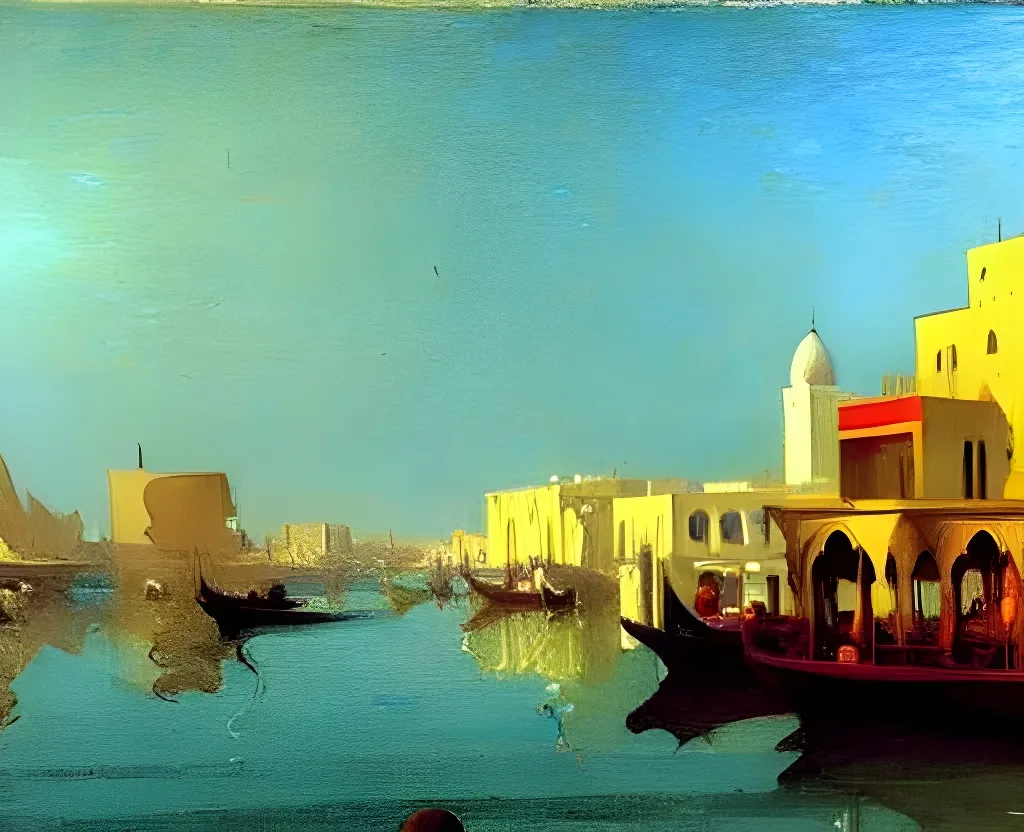 Prompt: beautiful painting of dubai creek arabs crowded on small boats water ripples reflections gazing sunlight pale colour scheme edward hopper canaletto