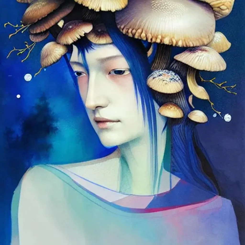 Prompt: A detailed portrait by Ryan Hewett, Makoto Shinkai, a Beautiful woman with a mushroom crown, in the style of victo ngai, moon, celestial, portrait, woodland, fungi, blue eyes, gothic, witch, magic 