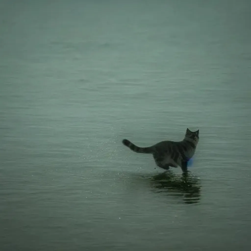 Prompt: cat walking on clear ocean water with fish in water, dark cloudy sky, fog, liminal space, hdr