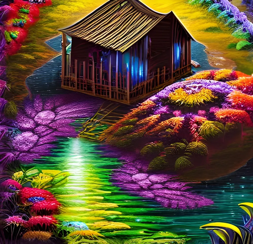 Prompt: A waterfall with colorful flowers, and a sinister hut on middle, centered, symmetry, painted, intricate, volumetric lighting, beautiful, rich deep colors masterpiece, sharp focus, ultra detailed, in the style of dan mumford and marc simonetti, astrophotography