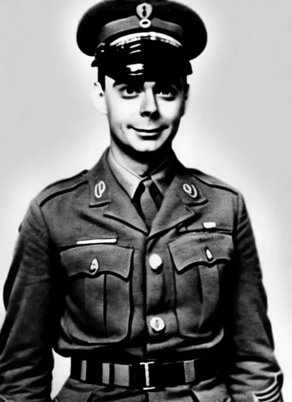 Prompt: Photograph of Sheldon Cooper as a soldier in World War II, black and white